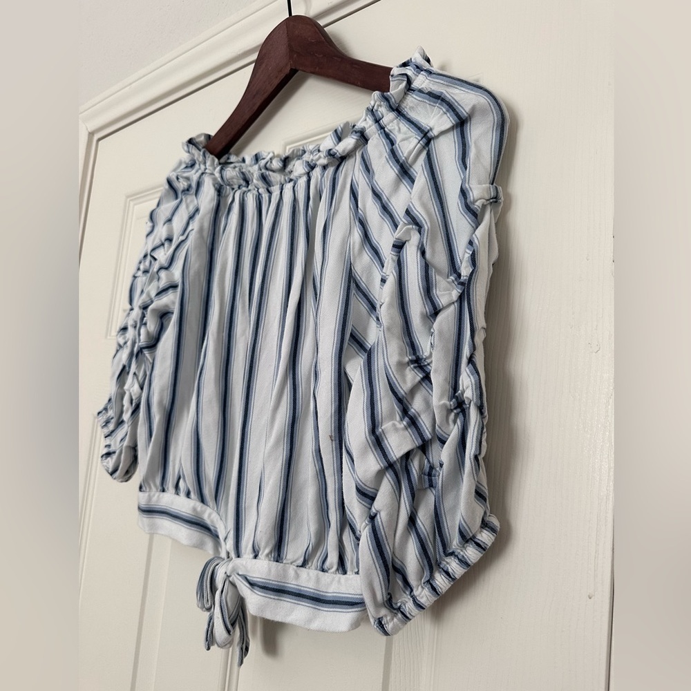 Habitual girls sz 14 white with blue stripes shirt; ruffle sleeves & waist tie - Picture 5 of 6